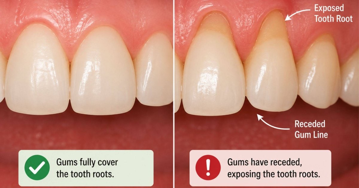 close-up showing gum recession and exposed tooth root in Cardiff
